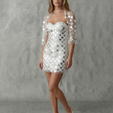 ÉCLAT mirror paillette mini wedding dress with sheer capelet – front view | BÉGUM BDH