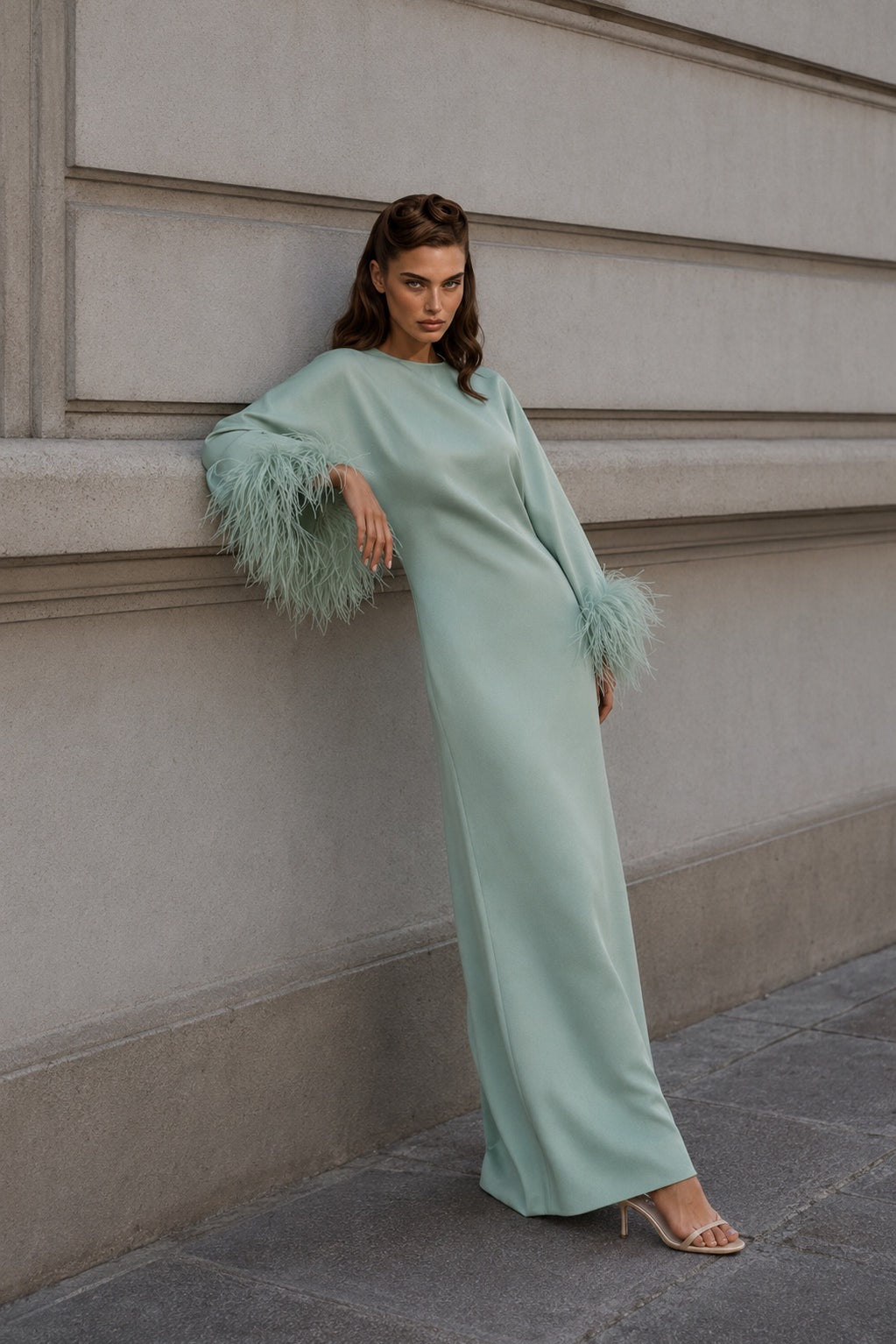 ÉLANE CÉLADON pale celadon feather-trimmed kaftan gown