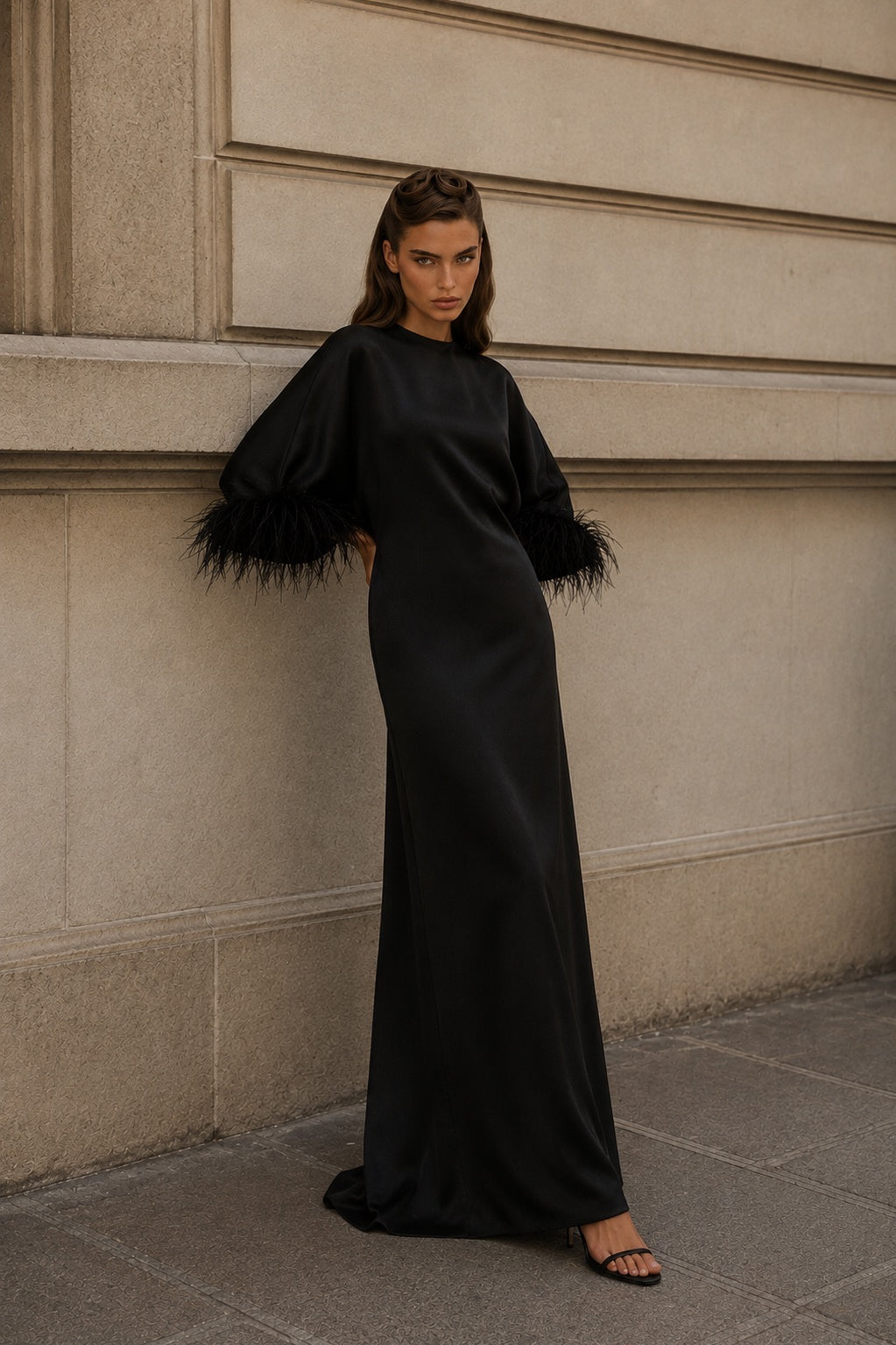ÉLANE ONYX black feather-trimmed kaftan gown