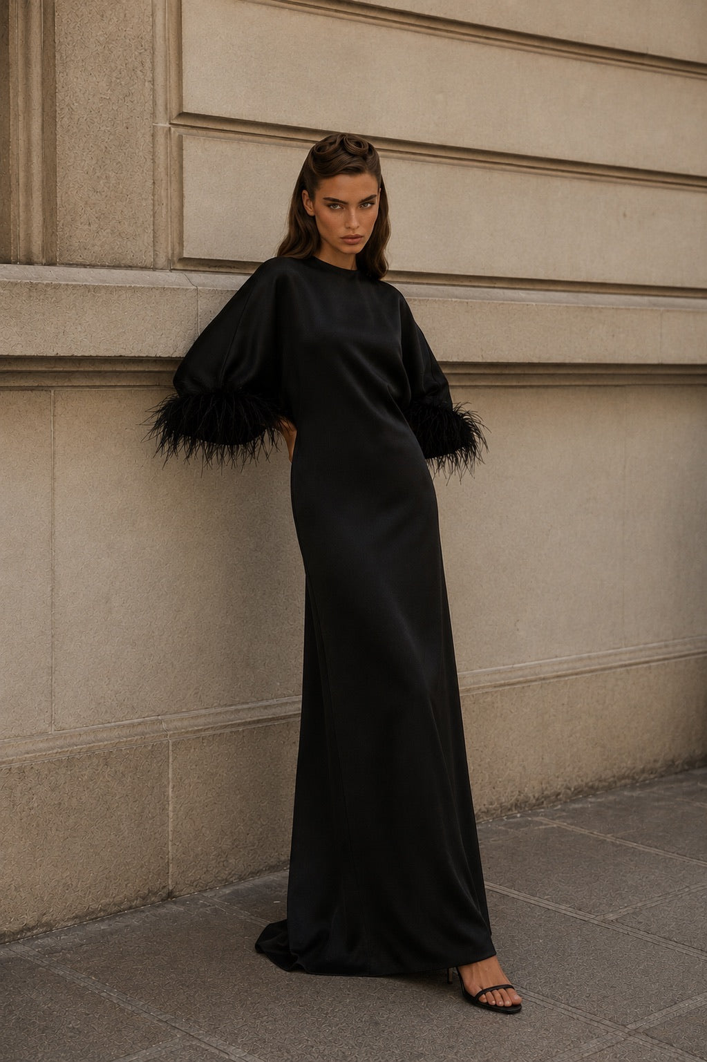 ÉLANE ONYX black feather-trimmed kaftan gown
